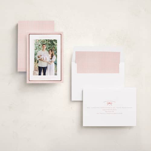 This is a blush foil stamped birth announcements with foil pressed by Claudia Orengo called preppy fabric printing on recycled smooth signature in standard