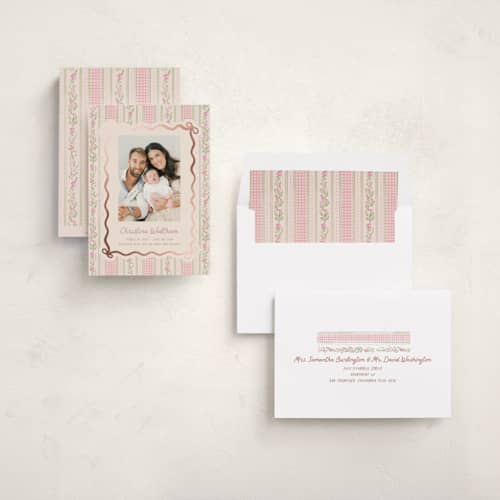 This is a ballet slipper foil stamped birth announcements with foil pressed by Creo Study called cottagecore wallpaper printing on recycled smooth signature in standard
