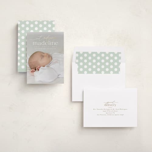 This is a parchment foil stamped birth announcements with foil pressed by Everett Paper Goods called mist printing on signature in standard
