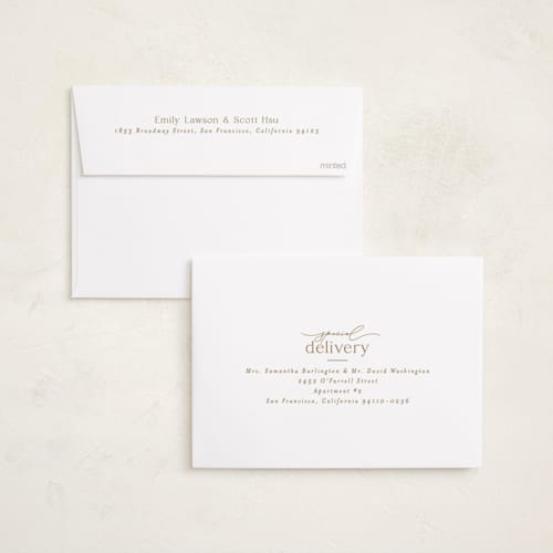 This is a parchment foil stamped birth announcements with foil pressed by Everett Paper Goods called mist printing on signature in standard