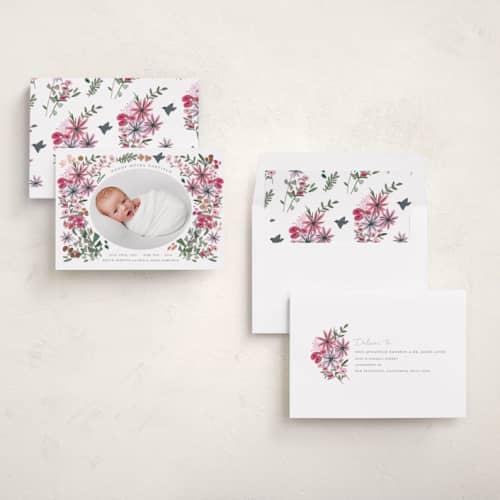 This is a rose foil stamped birth announcements with foil pressed by Morgan Ramberg called blossom baby printing on recycled smooth signature in standard