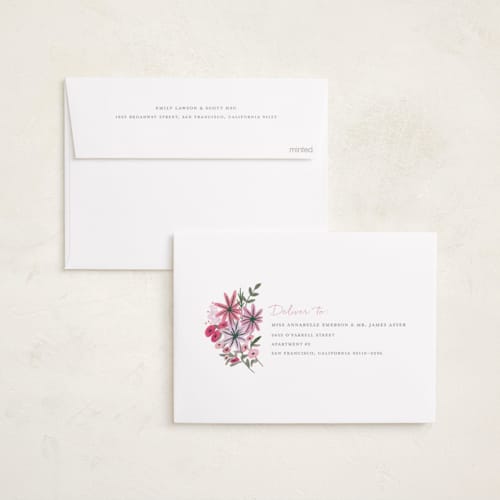 This is a rose foil stamped birth announcements with foil pressed by Morgan Ramberg called blossom baby printing on recycled smooth signature in standard