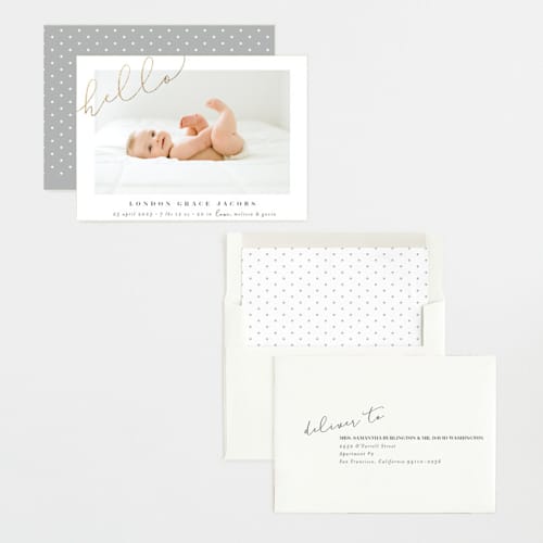 This is a warm grey foil stamped birth announcements with foil pressed by Shirley Lin Schneider called angled hello printing on recycled smooth signature in standard