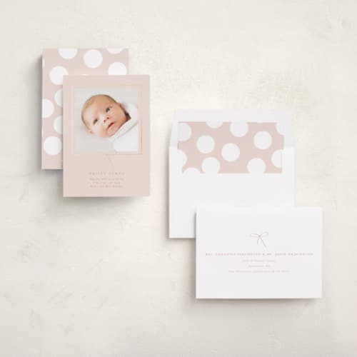 This is a petal foil stamped birth announcements with foil pressed by Baumbirdy called little bow printing on recycled smooth signature in standard