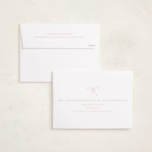 This is a petal foil stamped birth announcements with foil pressed by Baumbirdy called little bow printing on recycled smooth signature in standard