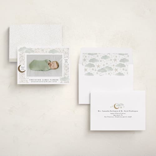 This is a mint foil stamped birth announcements with foil pressed by Alethea and Ruth called nighttime printing on recycled smooth signature in standard