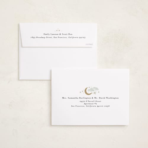 This is a mint foil stamped birth announcements with foil pressed by Alethea and Ruth called nighttime printing on recycled smooth signature in standard