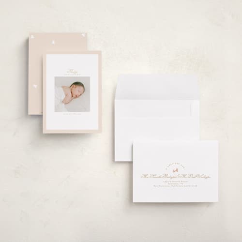 This is a peachy grand birth announcements with standard by Phrosné Barwood called soft frame printing on recycled smooth signature in grand