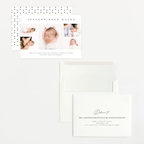 This is a white linen grand birth announcements with standard by Erica Krystek called sweet simplicity printing on recycled smooth signature in grand