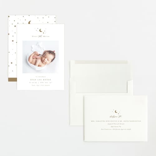 This is a fawn grand birth announcements with standard by AK Graphics called over the moon printing on signature in grand