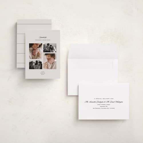 This is a parchment grand birth announcements with standard by Lea Delaveris called story printing on recycled smooth signature in grand