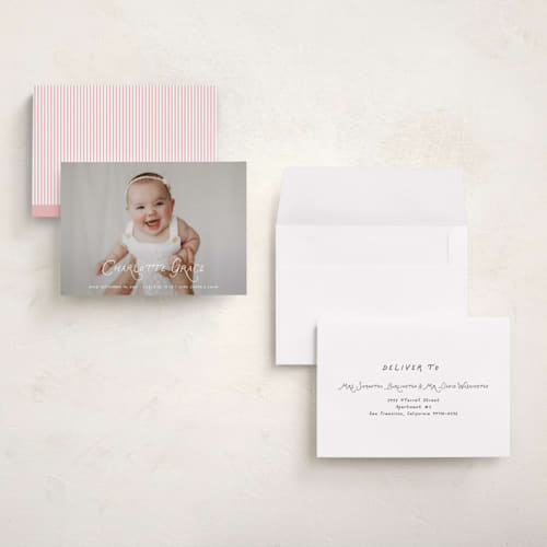This is a marshmallow grand birth announcements with standard by Benita Crandall called handdrawn style printing on recycled smooth signature in grand