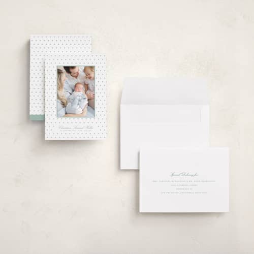 This is a eucalyptus grand birth announcements with standard by Blustery August called elio printing on recycled smooth signature in grand