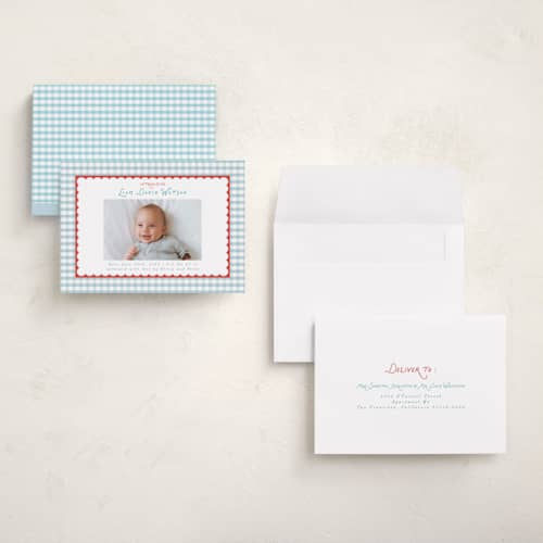 This is a picnic grand birth announcements with standard by Christy Hy Lee called playful pattern printing on recycled smooth signature in grand