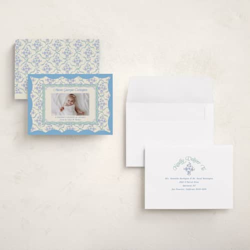 This is a periwinkle grand birth announcements with standard by Jackie Crawford called highgrove printing on recycled smooth signature in grand