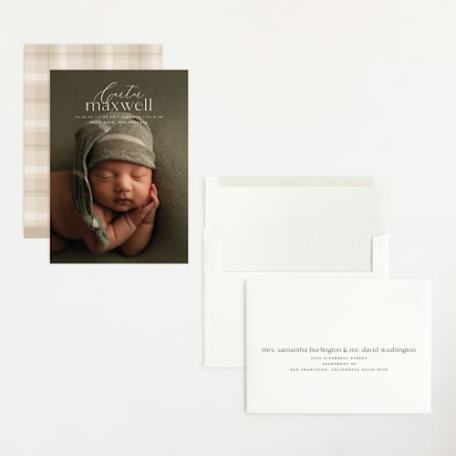 This is a jasmine grand birth announcements with standard by Erin Deegan called contemporary classic printing on recycled smooth signature in grand