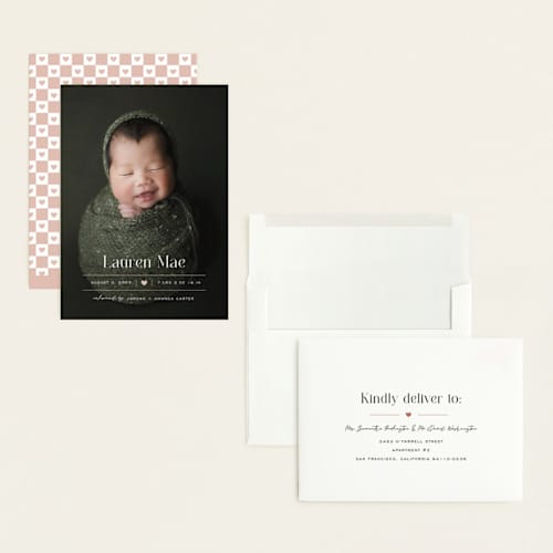 This is a blush grand birth announcements with standard by Pixel and Hank called heart printing on recycled smooth signature in grand