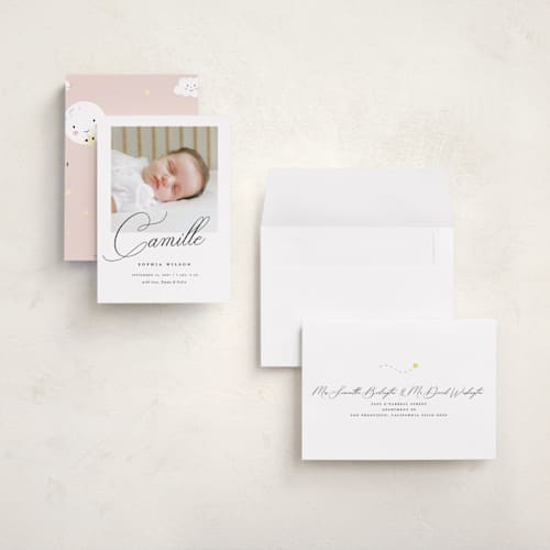 This is a ebony grand birth announcements with standard by Benita Crandall called the script printing on recycled smooth signature in grand