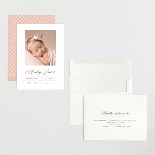This is a peony grand birth announcements with standard by Pixel and Hank called elegance printing on recycled smooth signature in grand
