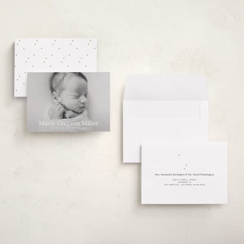 This is a snow grand birth announcements with standard by Bramble Studio called simple in serif printing on signature in grand