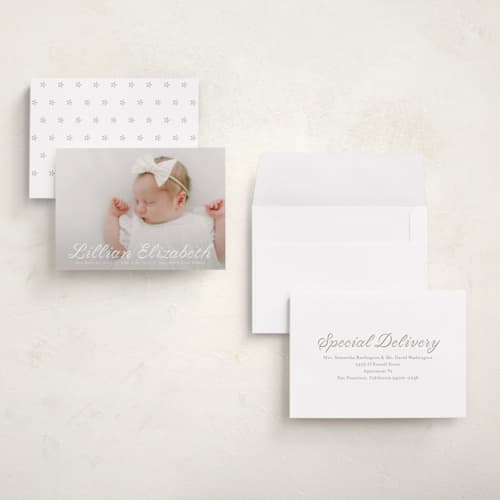 This is a cotton grand birth announcements with standard by Megan Davis called georgette printing on recycled smooth signature in grand