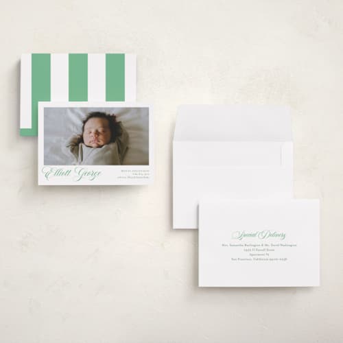 This is a clover grand birth announcements with standard by Megan Davis called hollis printing on recycled smooth signature in grand