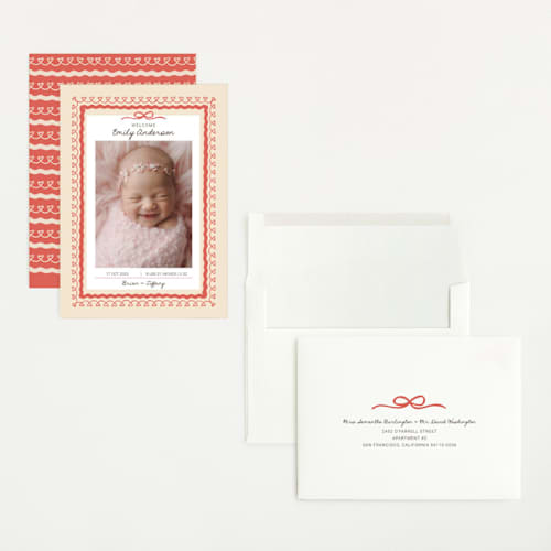 This is a latte grand birth announcements with standard by Kartika Paramita called vintage love bow printing on recycled smooth signature in grand