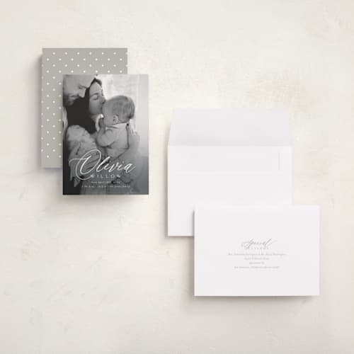 This is a cloud grand birth announcements with standard by Everett Paper Goods called serenity printing on recycled smooth signature in grand