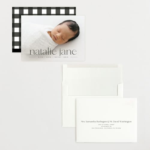 This is a onyx grand birth announcements with standard by Erin Deegan called announcing baby printing on recycled smooth signature in grand