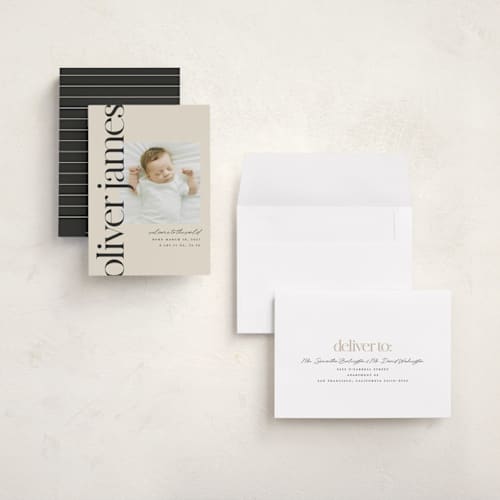 This is a cream grand birth announcements with standard by Ellen Schlegelmilch called editorial printing on recycled smooth signature in grand