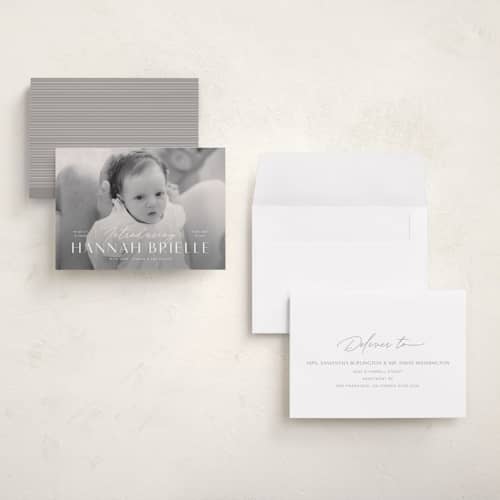 This is a snow grand birth announcements with standard by Michelle Taylor called typographic mix printing on recycled smooth signature in grand