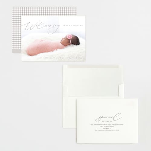 This is a gravel grand birth announcements with standard by Olivia Raufman called delightful welcome printing on recycled smooth signature in grand