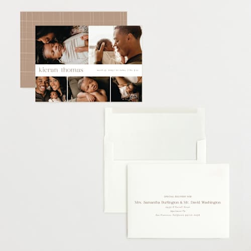 This is a cocoa grand birth announcements with standard by chocomocacino called concha printing on recycled smooth signature in grand