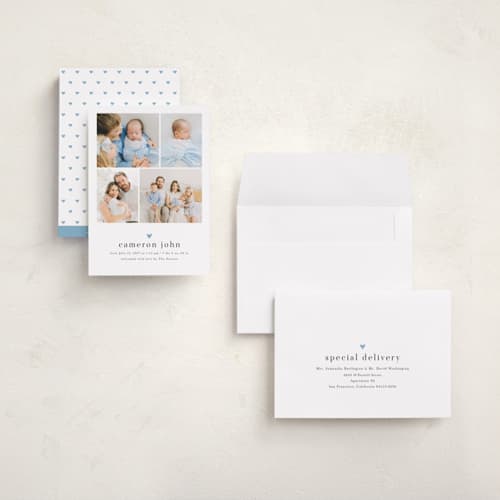 This is a bluebird grand birth announcements with standard by Melanie Kosuge called loveable printing on recycled smooth signature in grand
