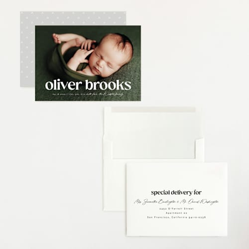 This is a salt grand birth announcements with standard by Lea Delaveris called the simplest printing on recycled smooth signature in grand