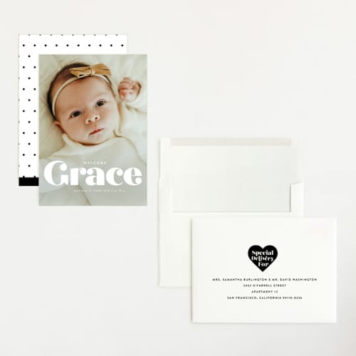 This is a pearl grand birth announcements with standard by Lori Wemple called name printing on recycled smooth signature in grand