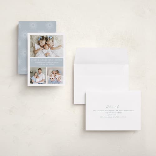 This is a bluebell grand birth announcements with standard by Vanessa Doyle called color block printing on recycled smooth signature in grand