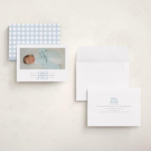 This is a sky grand birth announcements with standard by Erin Hodges called classic monogram printing on recycled smooth signature in grand