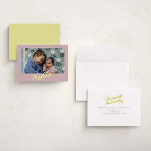 This is a mauve grand birth announcements with standard by Inkblot Design called retro printing on recycled smooth signature in grand