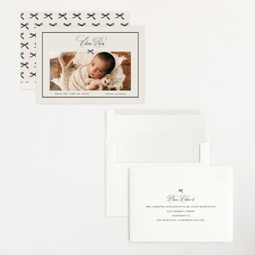 This is a charcoal grand birth announcements with standard by Chelsea Petaja called elegant bow holiday printing on recycled smooth signature in grand