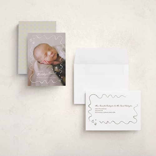 This is a linen grand birth announcements with standard by Zove Ahhh called dreamland printing on recycled smooth signature in grand