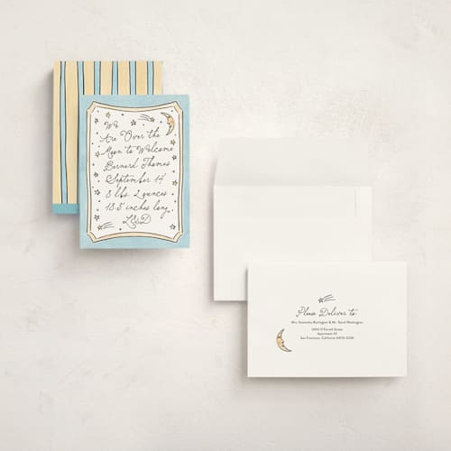 This is a sky grand birth announcements with standard by Ashlee Townsend called over the moon and back printing on signature in grand