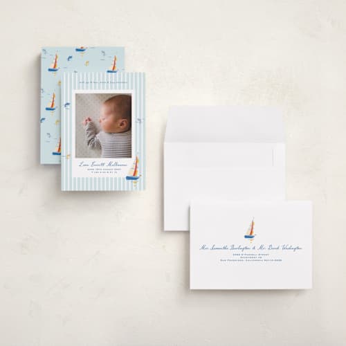 This is a maritime grand birth announcements with standard by Corinne Malesic called little sail boat printing on recycled smooth signature in grand