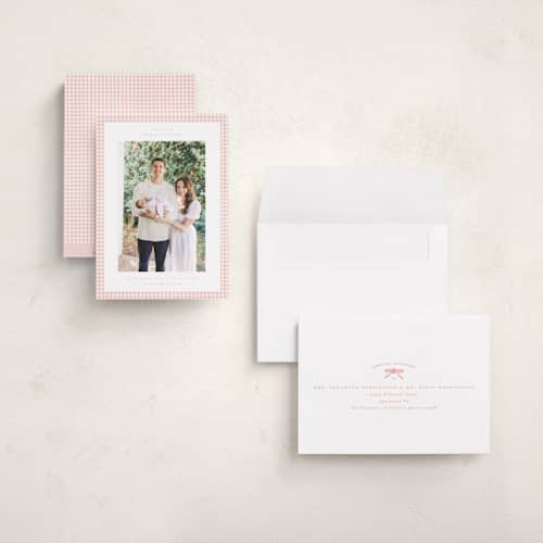 This is a blush grand birth announcements with standard by Claudia Orengo called preppy fabric printing on recycled smooth signature in grand
