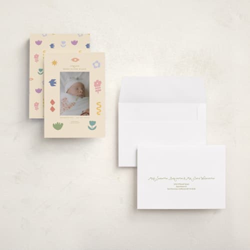 This is a confetti grand birth announcements with standard by Rina Ozum called scandi folk printing on recycled smooth signature in grand