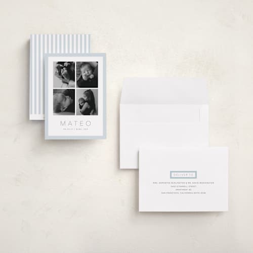 This is a powder grand birth announcements with standard by Olivia Raufman called quattro printing on recycled smooth signature in grand