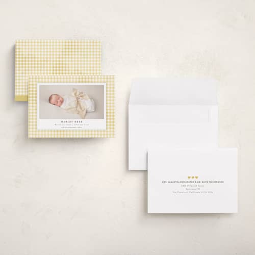 This is a marigold grand birth announcements with standard by Jessie Steury called gingham printing on recycled smooth signature in grand