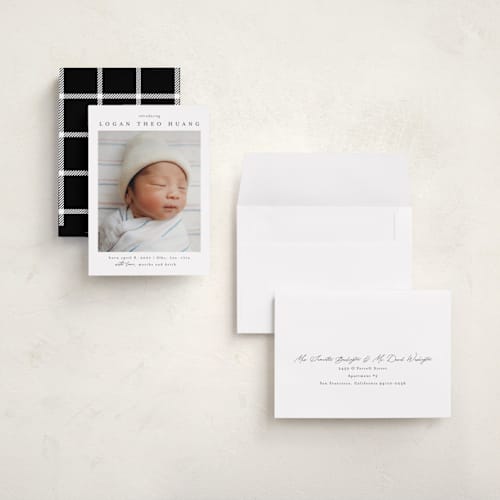 This is a sugar grand birth announcements with standard by Chris Griffith called frame of happiness printing on recycled smooth signature in grand
