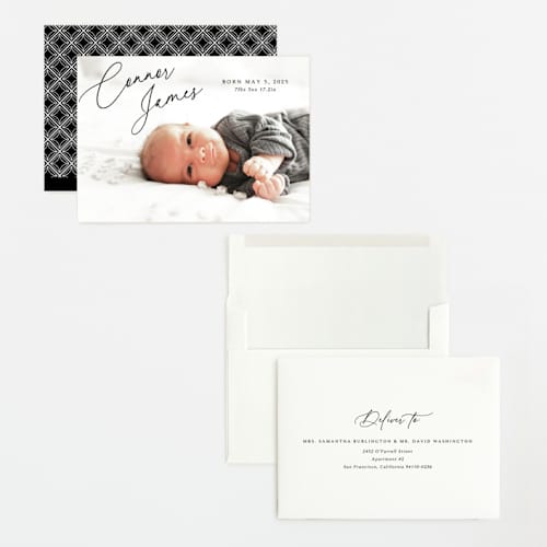 This is a obsidian grand birth announcements with standard by Kaydi Bishop called on the horizon printing on recycled smooth signature in grand