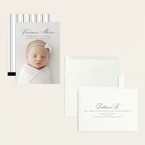 This is a noir grand birth announcements with standard by Ashlee Townsend called enchanted love printing on recycled smooth signature in grand